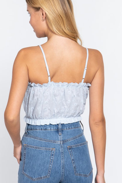 FRONT TIE DETAIL EYELET CROP CAMI WOVEN TOP