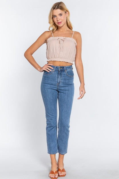 FRONT TIE DETAIL EYELET CROP CAMI WOVEN TOP