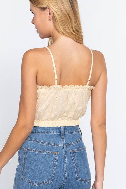 FRONT TIE DETAIL EYELET CROP CAMI WOVEN TOP