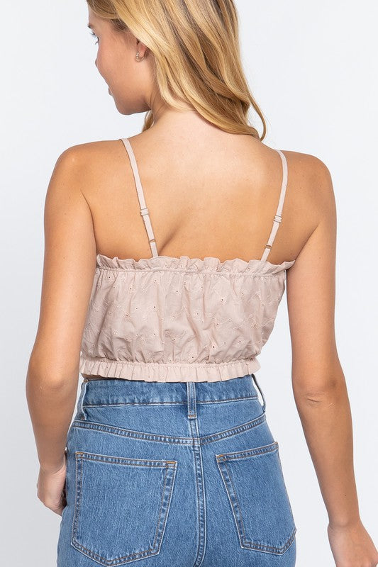 FRONT TIE DETAIL EYELET CROP CAMI WOVEN TOP