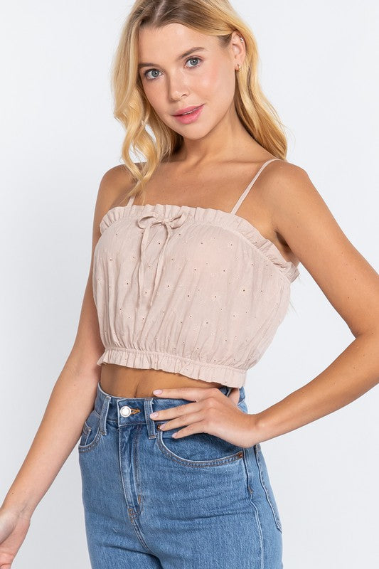 FRONT TIE DETAIL EYELET CROP CAMI WOVEN TOP