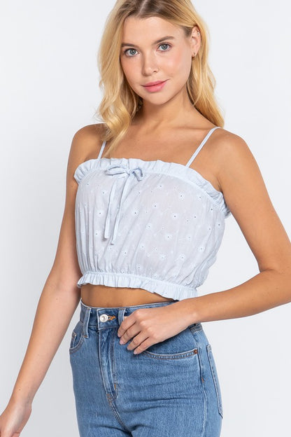 FRONT TIE DETAIL EYELET CROP CAMI WOVEN TOP