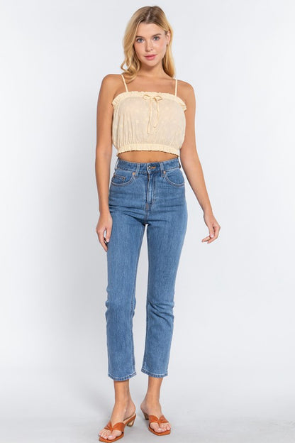 FRONT TIE DETAIL EYELET CROP CAMI WOVEN TOP