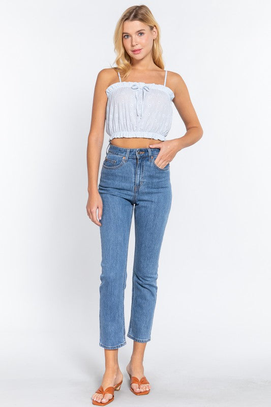 FRONT TIE DETAIL EYELET CROP CAMI WOVEN TOP