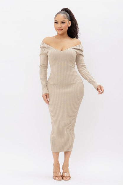 (DEEP V-NECK) OR (OFF SHOULDER) LONG SLEEVE RIB MIDI DRESS