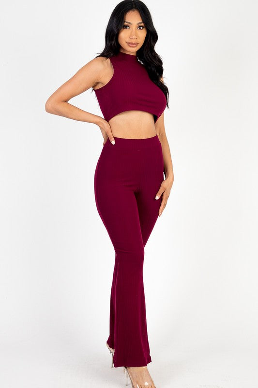 Sleeveless Ribbed Mock Neck & Pants Set