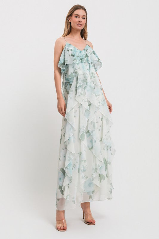 FLOWER PRINT SPAGHETTI STRAP OPEN BACK RUFFLE MAXI DRESS