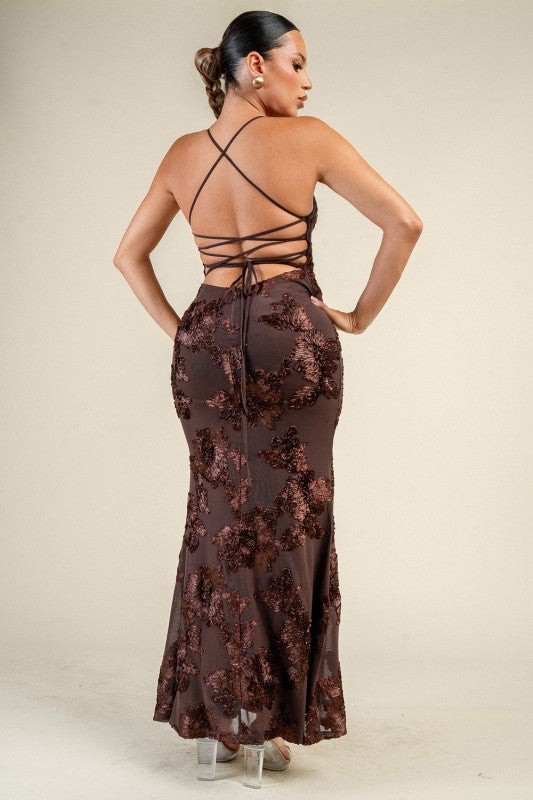 3D FLORAL LACE UP BACK MAXI DRESS