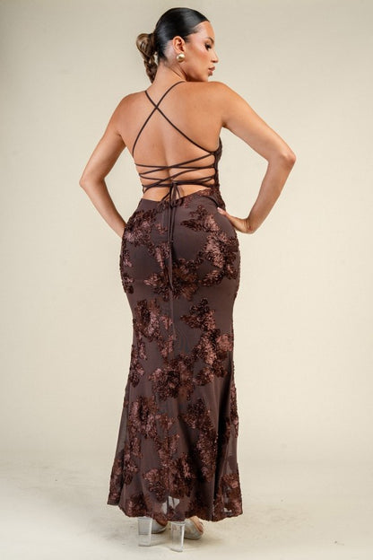 3D FLORAL LACE UP BACK MAXI DRESS