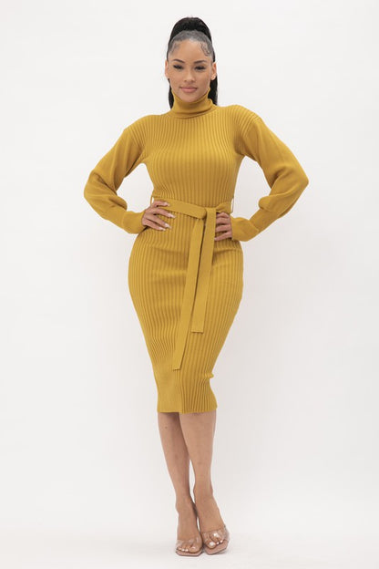 TURTLE NECK RIBBED MIDI Knit DRESS LONG SLEEVE BELTED