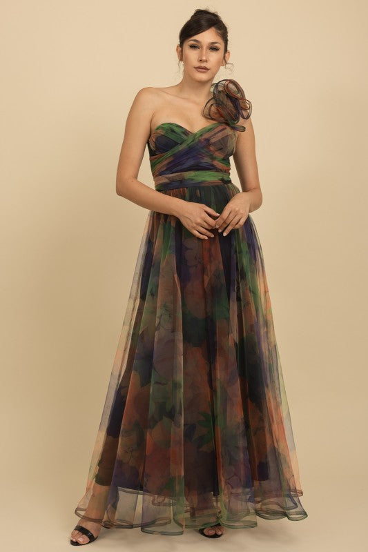 ONE SHOULDER BACK LACE UP FLORAL MESH DRESS