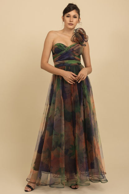 ONE SHOULDER BACK LACE UP FLORAL MESH DRESS