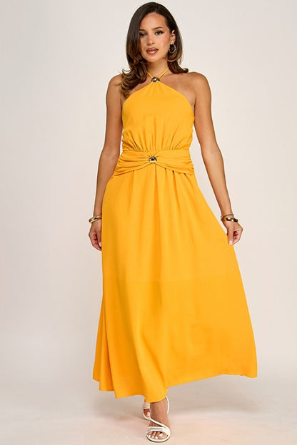 HALTER NECK MAXI DRESS WITH GOLD METAL TRIMS