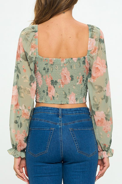 FLORAL CINCHED FRONT LONG SLEEVE TOP