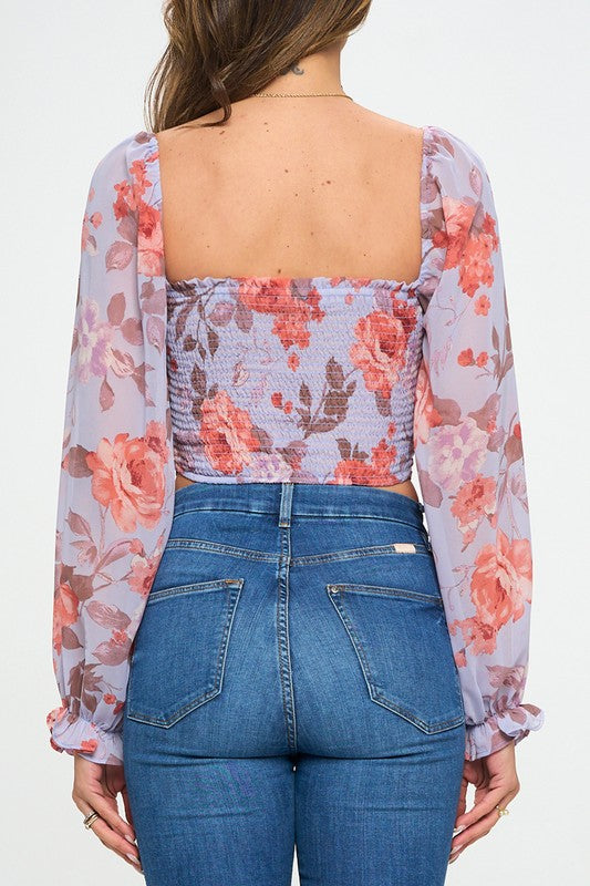 FLORAL CINCHED FRONT LONG SLEEVE TOP