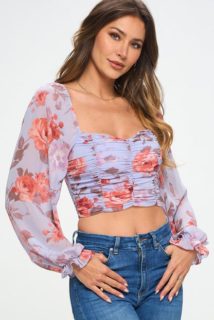 FLORAL CINCHED FRONT LONG SLEEVE TOP