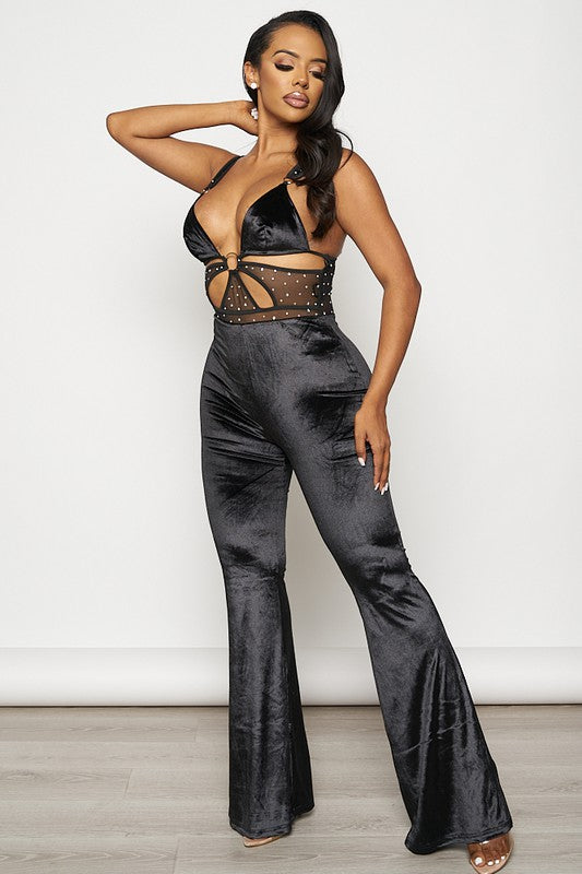 VELVET RHINESTONE SLEEVELESS JUMPSUIT