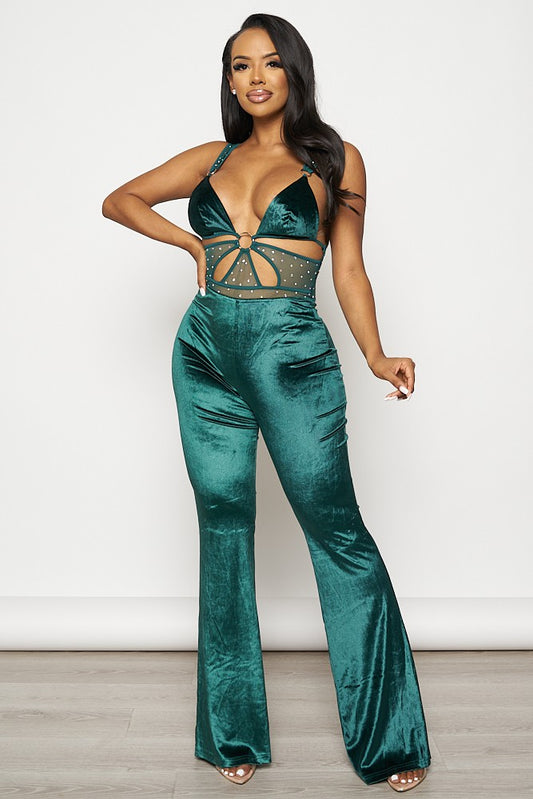 VELVET RHINESTONE SLEEVELESS JUMPSUIT