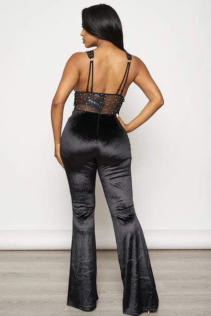 VELVET RHINESTONE SLEEVELESS JUMPSUIT