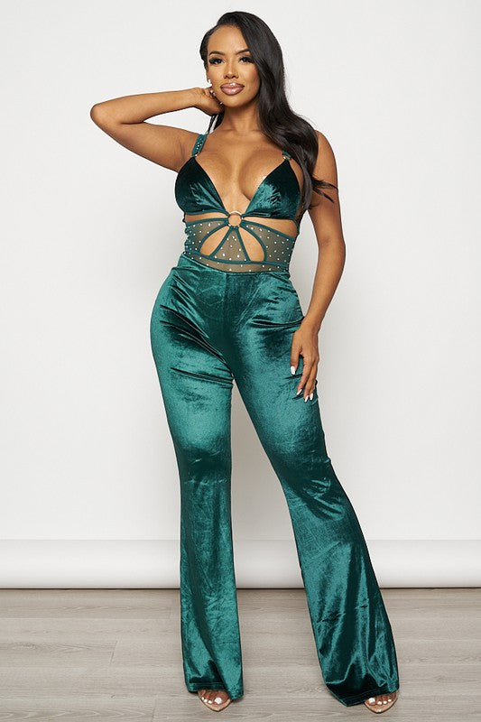 VELVET RHINESTONE SLEEVELESS JUMPSUIT