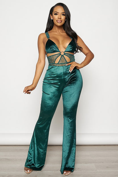 VELVET RHINESTONE SLEEVELESS JUMPSUIT