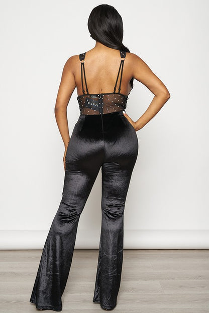 VELVET RHINESTONE SLEEVELESS JUMPSUIT