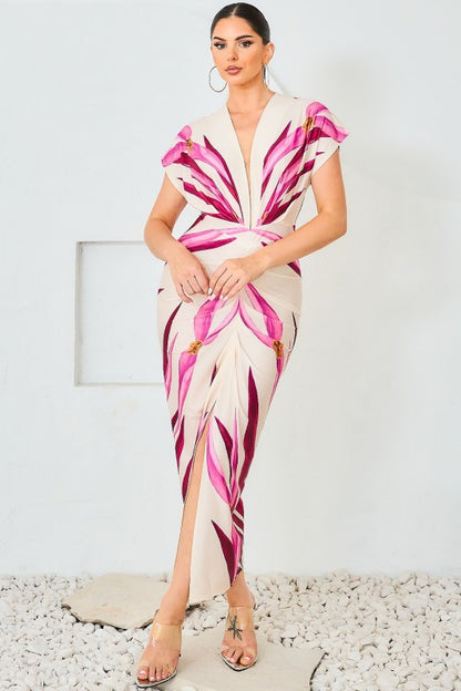 PRINTED DEEP V NECK MIDI DRESS