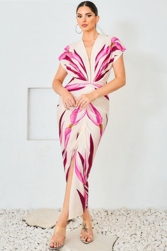 PRINTED DEEP V NECK MIDI DRESS