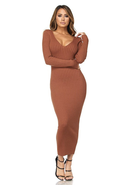 (DEEP V-NECK) OR (OFF SHOULDER) LONG SLEEVE RIB MIDI DRESS