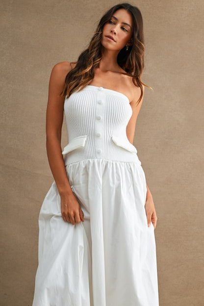 STRAPLESS RIBBED KNIT BODICE POPLIN MIX MAXI DRESS