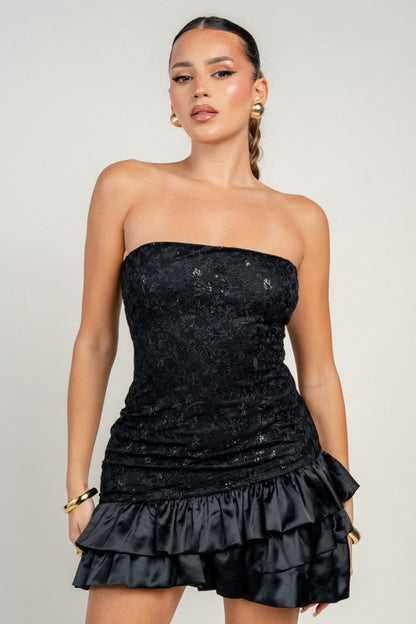 NOVELTY SEQUIN LACE WI SATIN BUBBLE MINI PARTY DRESS