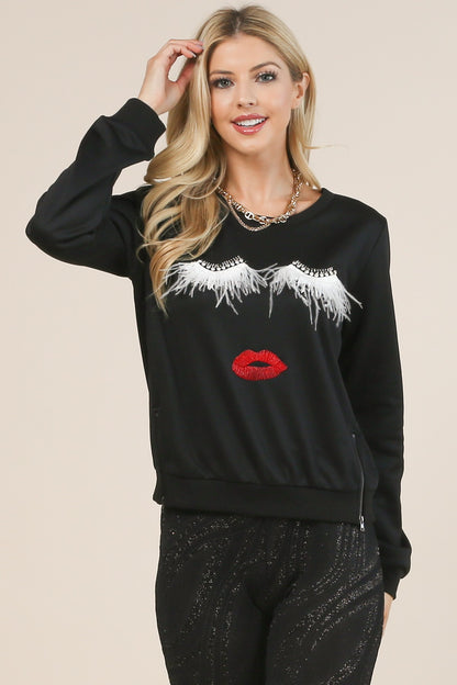 Eye Lash Feather Detail Sweat Shirt Top