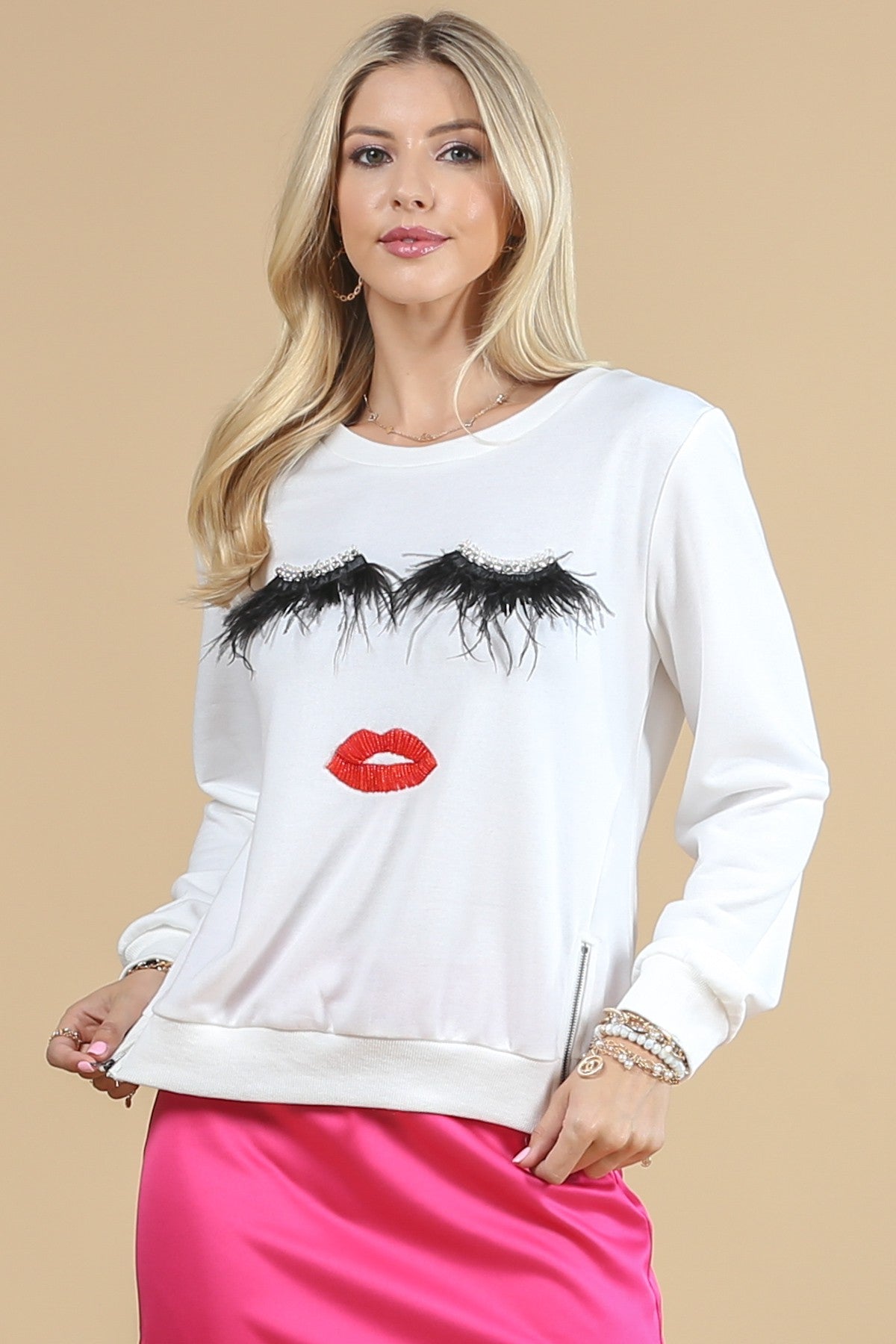 Eye Lash Feather Detail Sweat Shirt Top