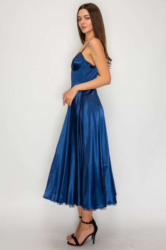 EVENING SATIN TULL MIDI DRESS