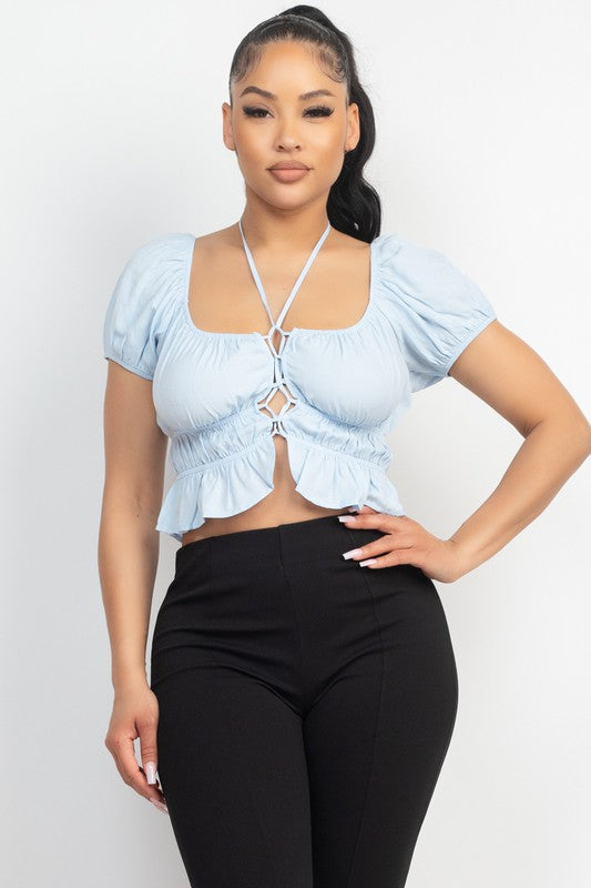 Crop Top mit Spaghetti-Knoten und Rüschen