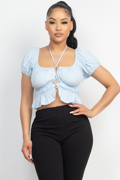 Crop Top mit Spaghetti-Knoten und Rüschen