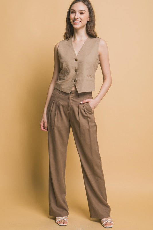 LINEN TAILORED WIDE LEG PANTS