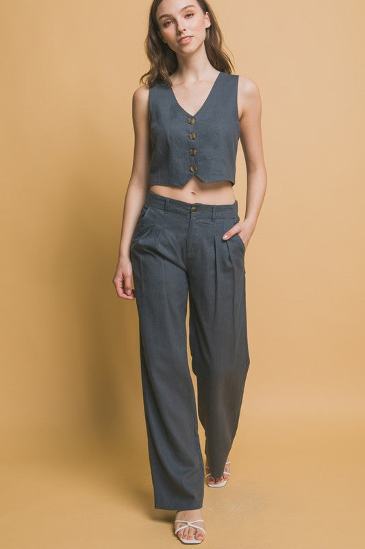 LINEN TAILORED WIDE LEG PANTS