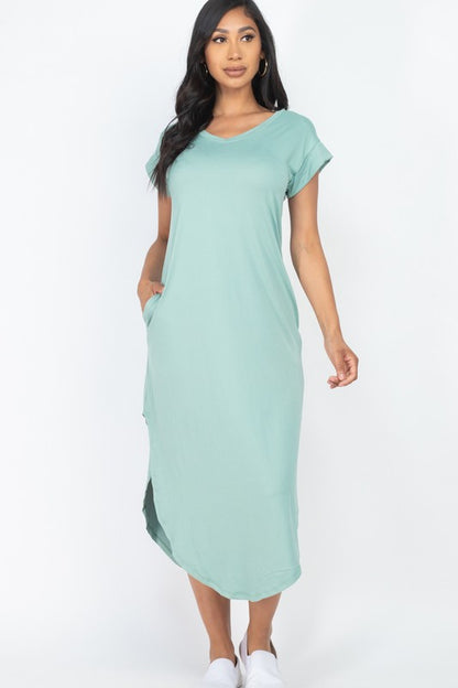 Cap Sleeve V Neck Maxi T Shirt Dress