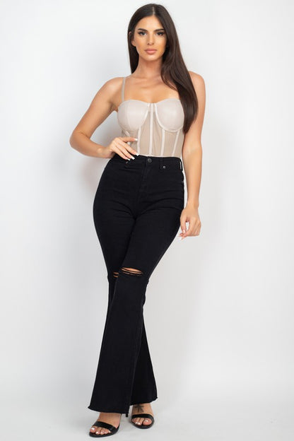 FAUX LEATHER MESH CONTRAST BODYSUIT