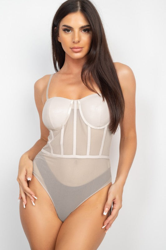 FAUX LEATHER MESH CONTRAST BODYSUIT