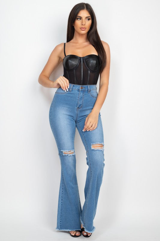 FAUX LEATHER MESH CONTRAST BODYSUIT