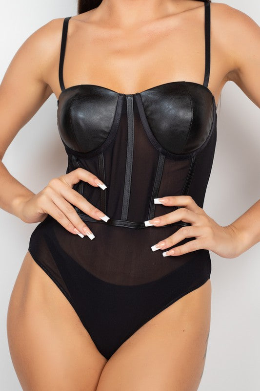 FAUX LEATHER MESH CONTRAST BODYSUIT