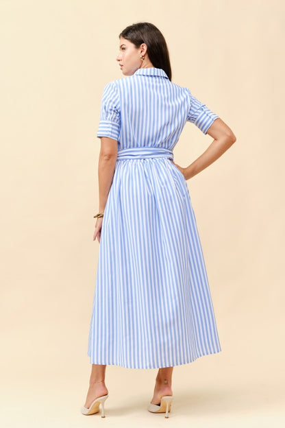 SHORT SLEEVES STRIPE BUTTON FRONT MIDI DRESS