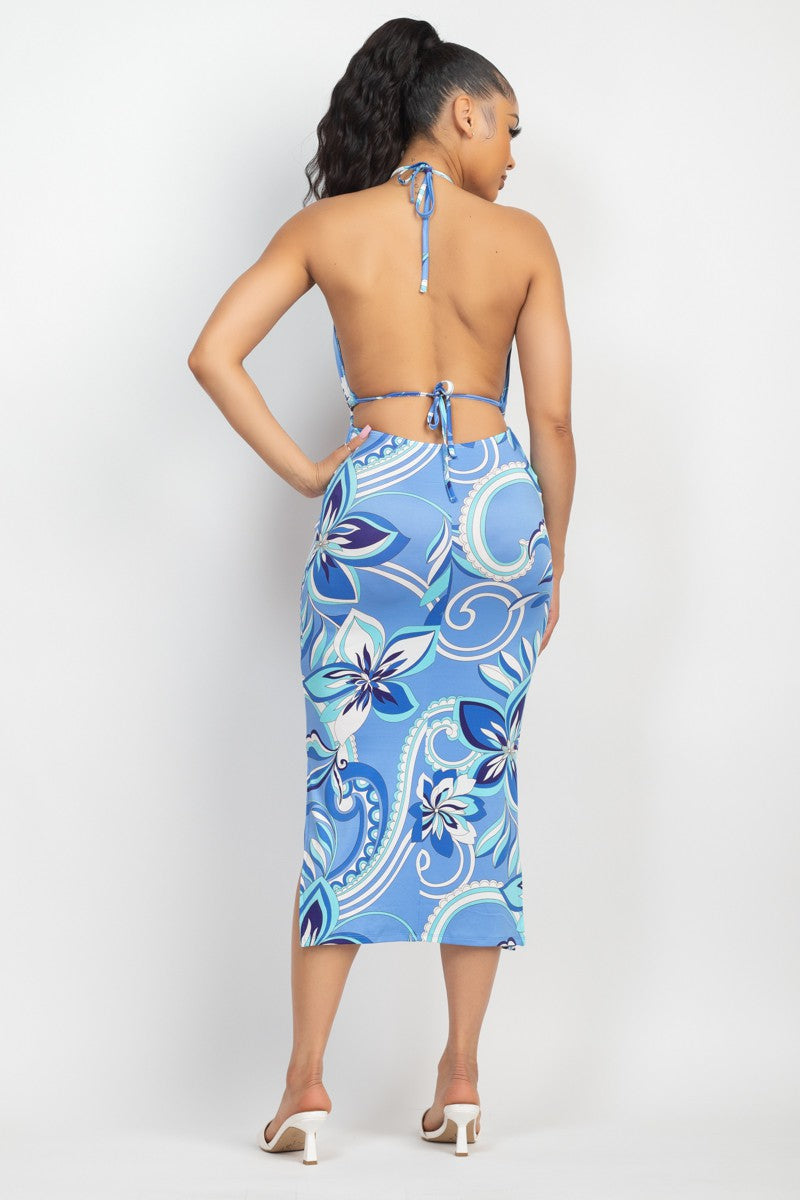 Halter Open-back Floral Slit Dress