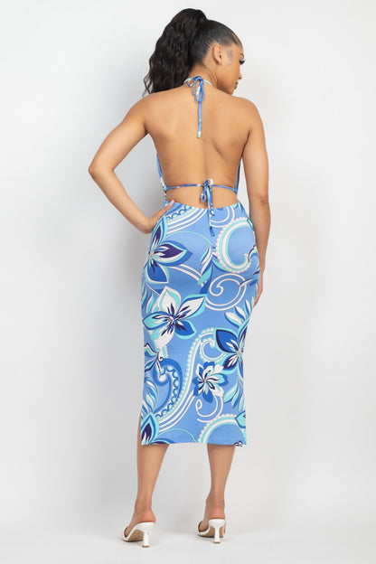 Halter Open-back Floral Slit Dress