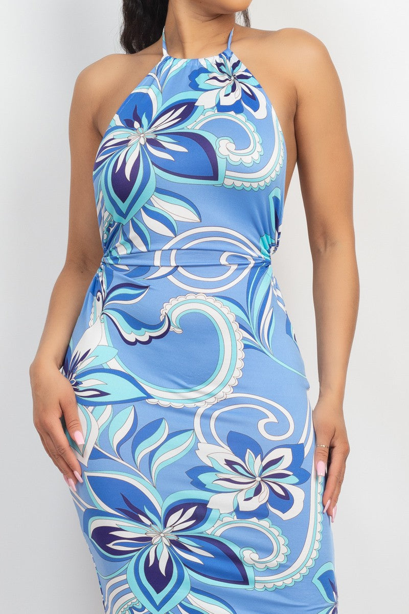 Halter Open-back Floral Slit Dress