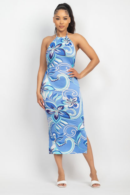 Halter Open-back Floral Slit Dress