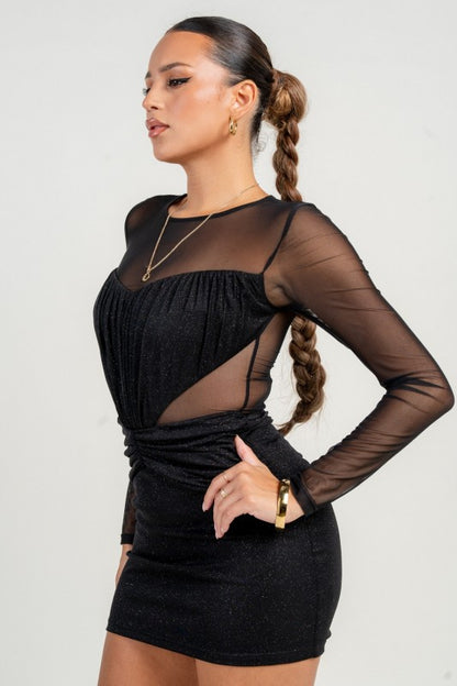 HEART SHAPE SEE THROUGH LONG SLEEVE SHIMMERING MINI PARTY DRESS