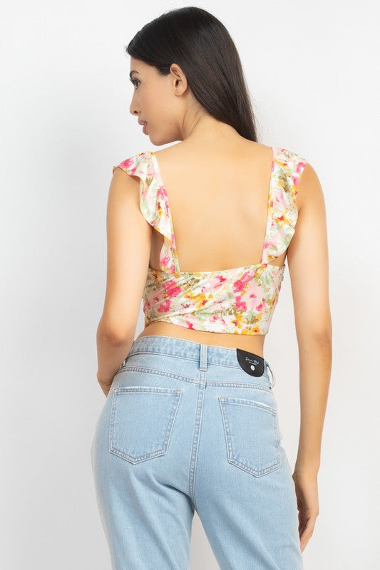 FLORAL RUFFLED TRIM LACE-UP TOP